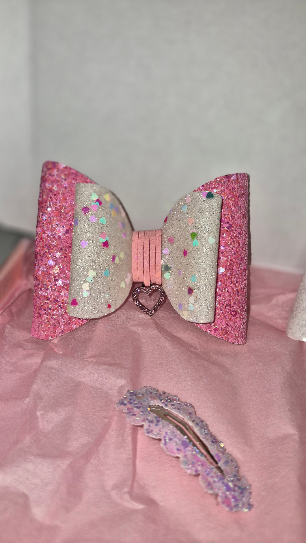 Pink and White Bow with Heart Charm