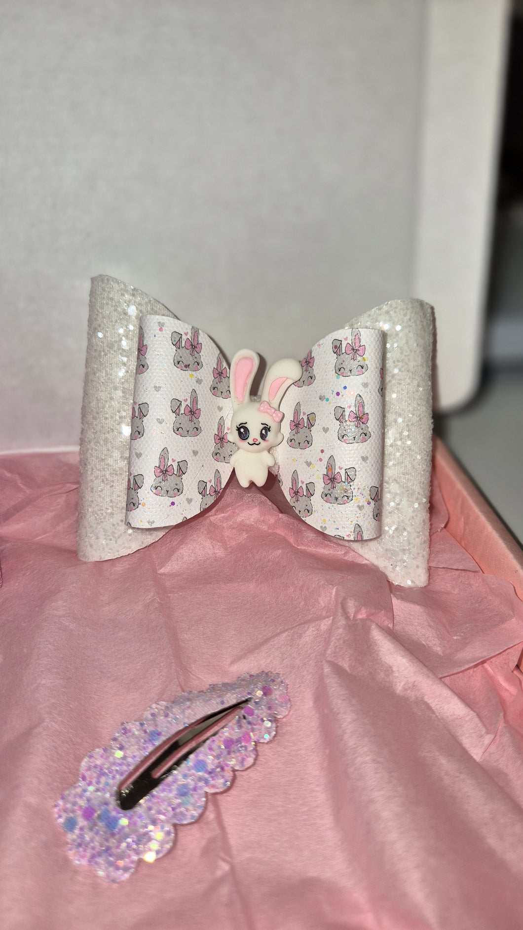 White Glitter Bunny Bow with Clips