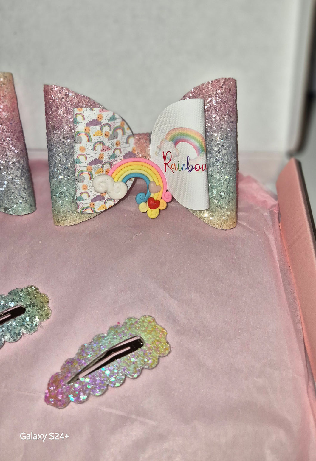 Glittery Rainbow Bow with matching Clips