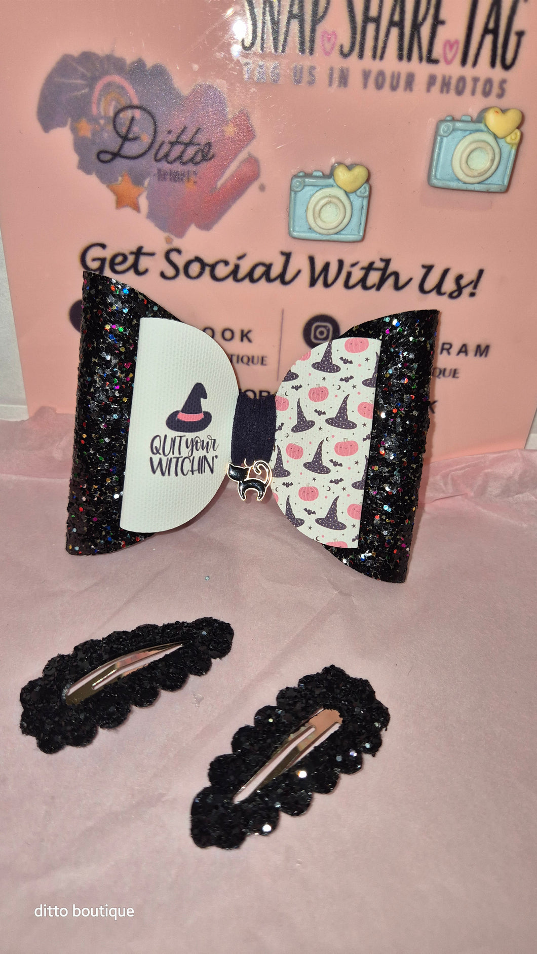 Black glitter Witch Bow with cat charm