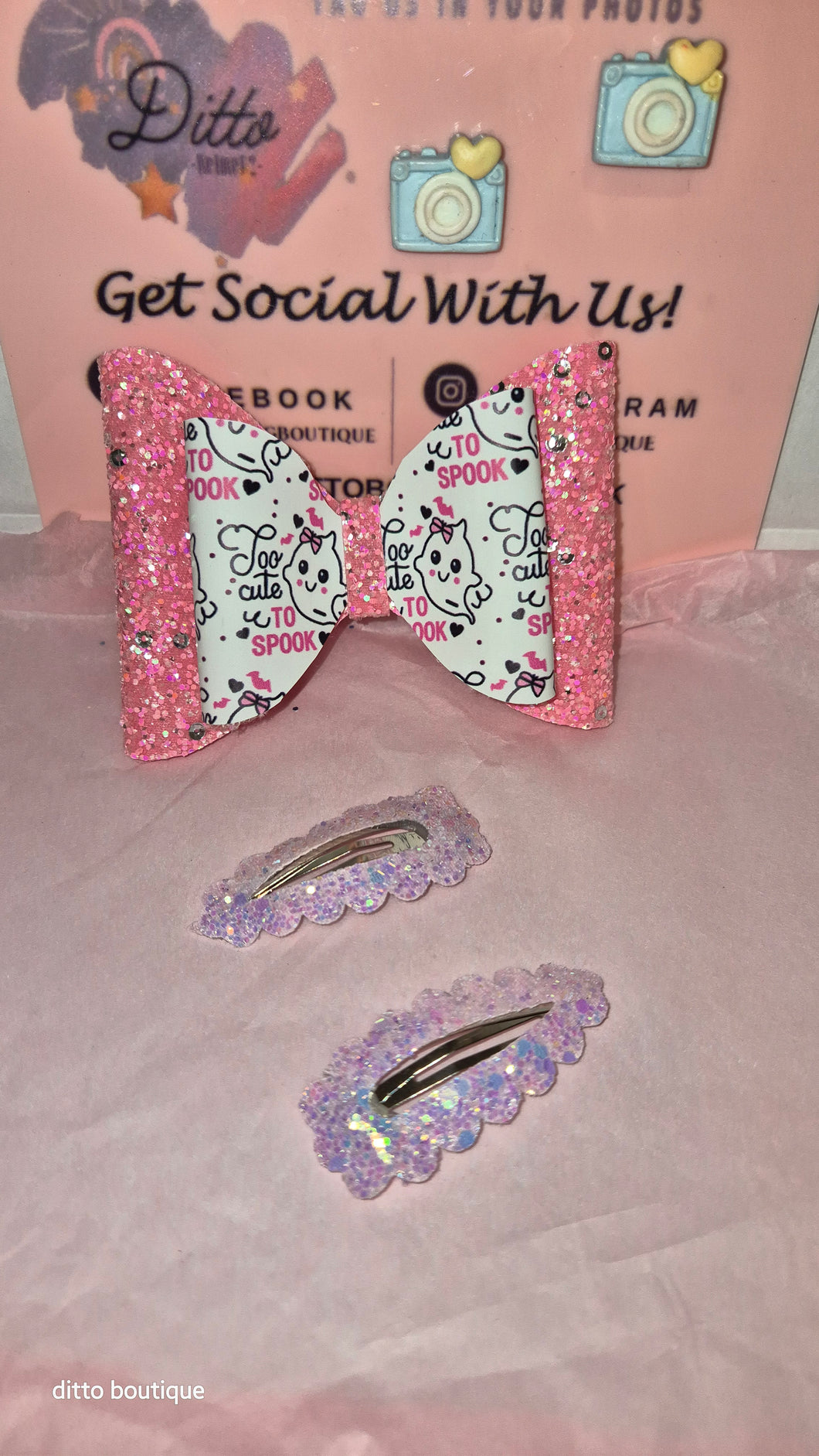 Pink Halloween glitter white and black Ghost bow with clips