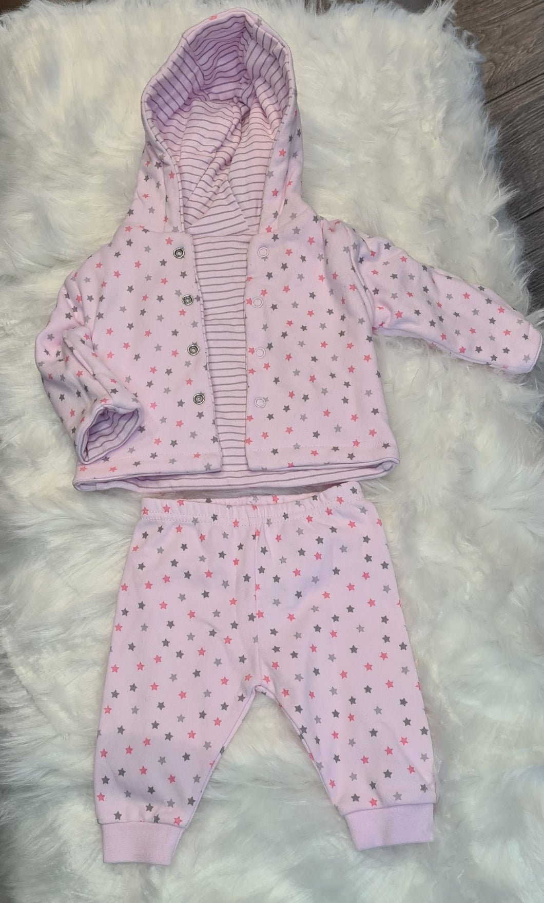 Girls 0-3 Months - Pink Stripe and Stars Reversible Hoodie and Trouser - tkmaxx