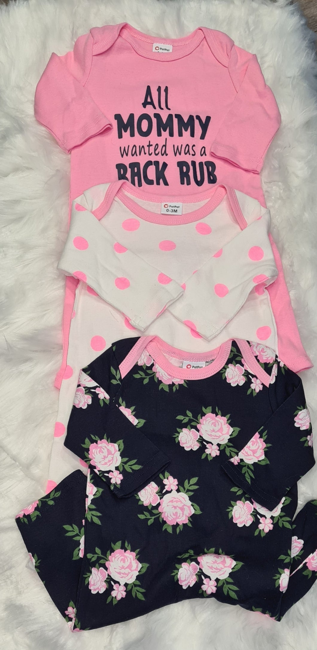 Girls 0-3 Months - Set of 3 Rompers - Pink, White and Navy