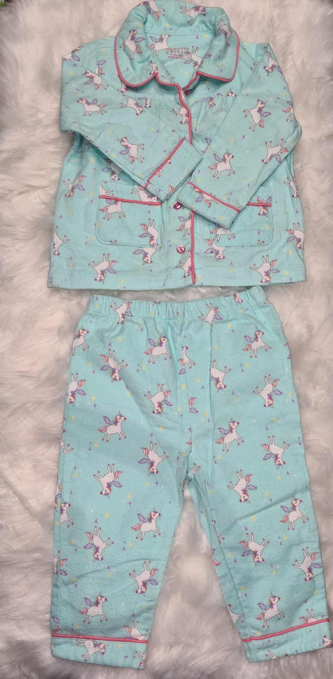 Girls 9-12 Months - Blue - Unicorn Soft Fluffy Pyjamas