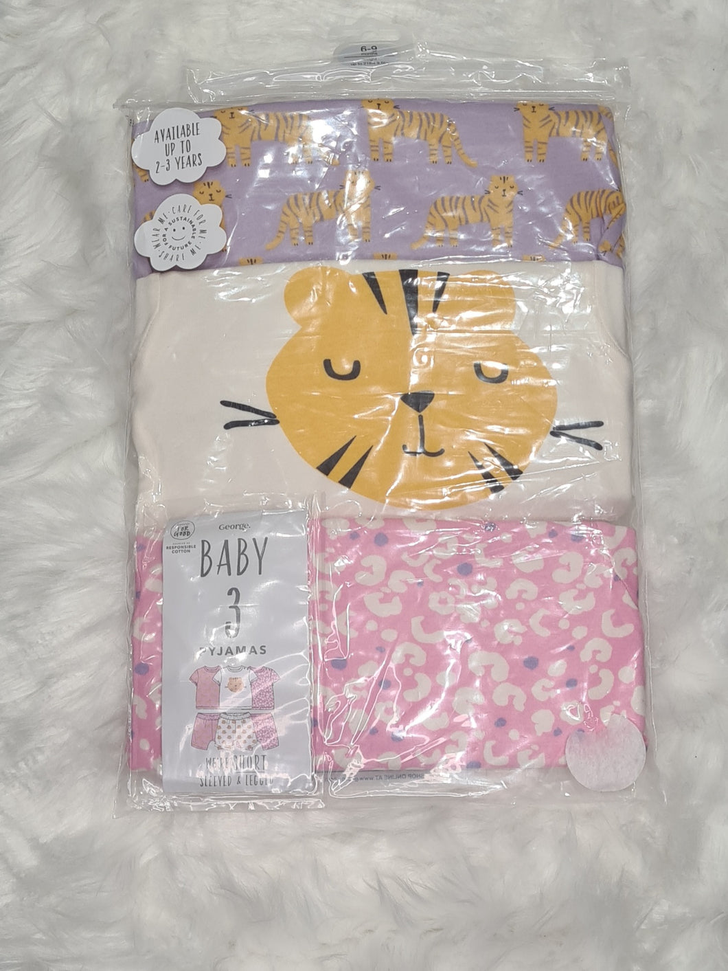 Girls 6-9 months - Brand New George Set of 3 Pyjamas - Tiger Print