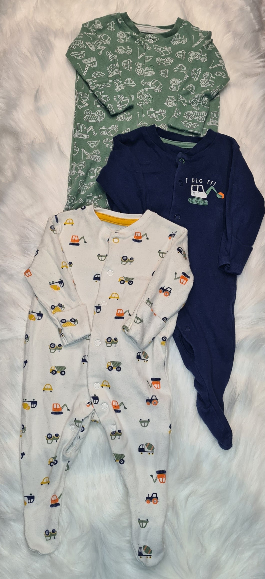 Boys 0-3 months Set Of 3 Digger Baby Grows