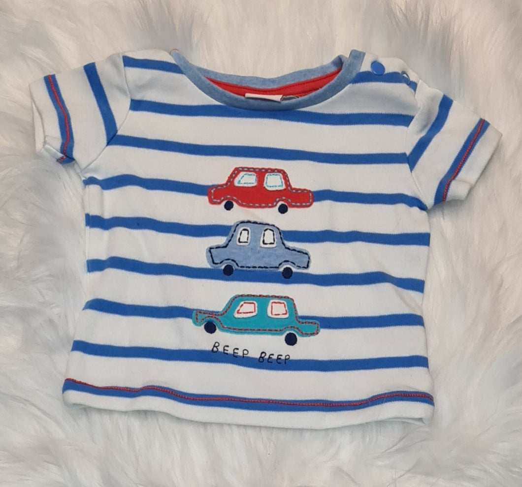 Boys 0-3 Months - Car - Stripy Blue - T-Shirt