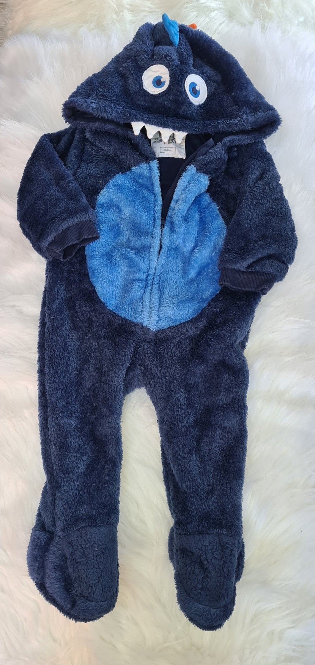 Boys 3-6 Months - Blue Fluffy Monster Zip Babygrow