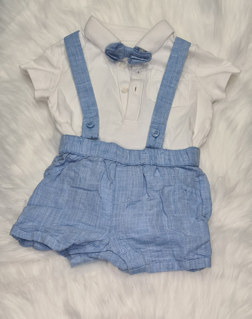 Boys 6-9 Months - Blue Bow and White Vest Romper Set