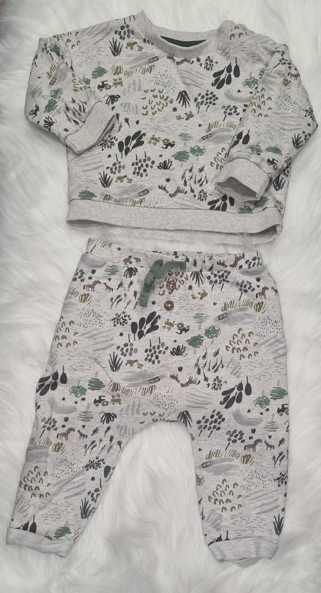 Boys 6-9 Months - Grey and Green Animal 2 Piece Jumper and Jogger Set